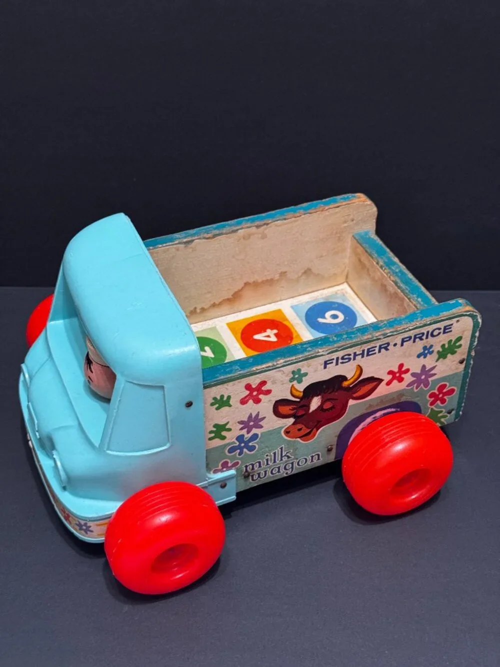 Fisher Price Pull Toy Milk Wagon 131 with Two Bottles, Vintage Circa 1965-1972